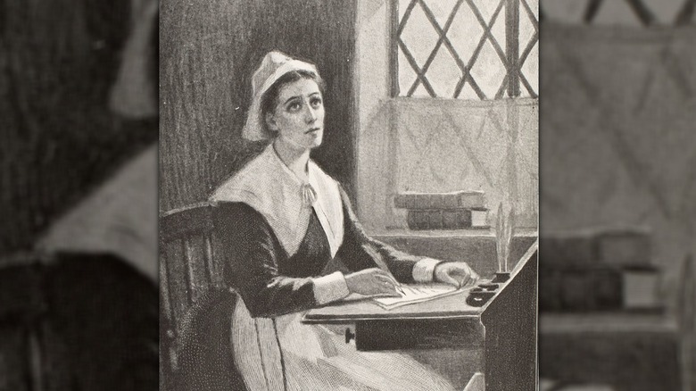 Dibujo de Anne Bradstreet mirando hacia arriba mientras escribe