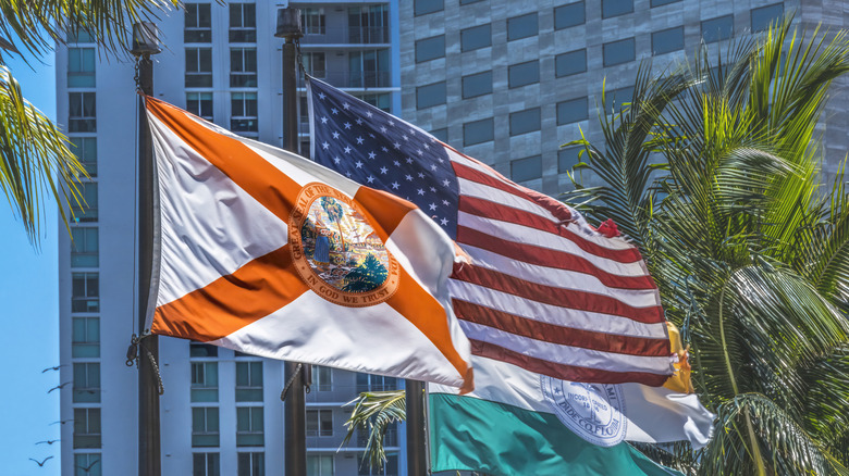 Banderas de Florida y EE.UU. ondeando en el viento