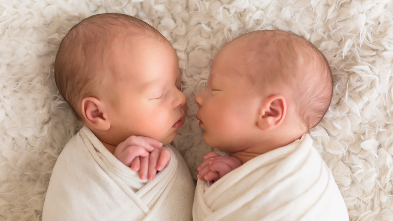 Dos bebés durmiendo juntos envueltos en tela blanca