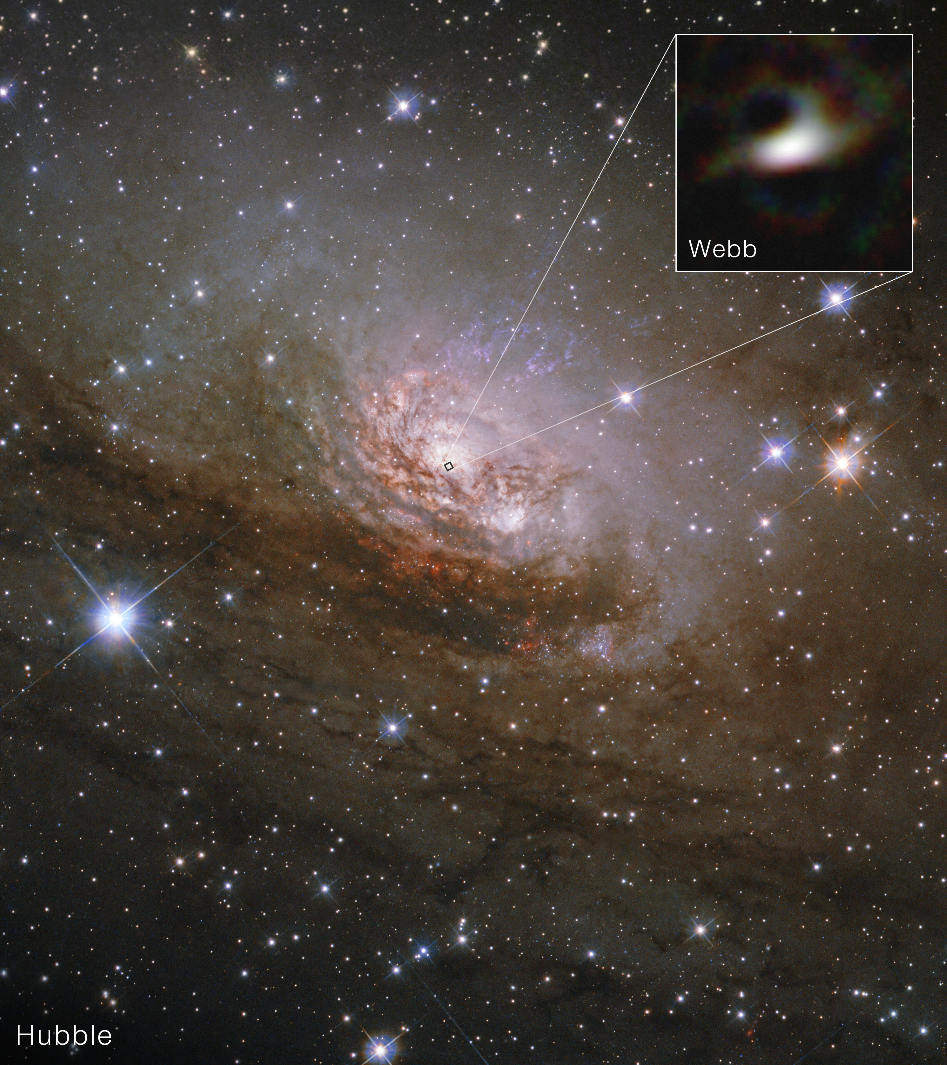 La galaxia Circinus en una composición de Hubble y Webb